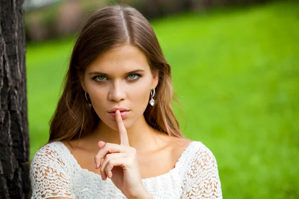 Young Beautiful Brunette Woman Has Put Forefinger Lips Sign Silence — Stock Photo, Image