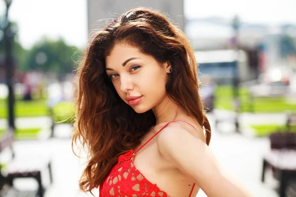 Beautiful Young Brunette Woman Sexy Red Dress Summer Street — Stock Photo, Image