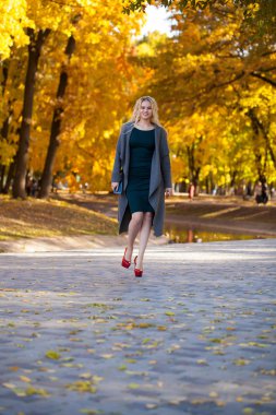 Genç güzel sarışın seksi kadın gri paltolu sonbahar parkta yürüyüş