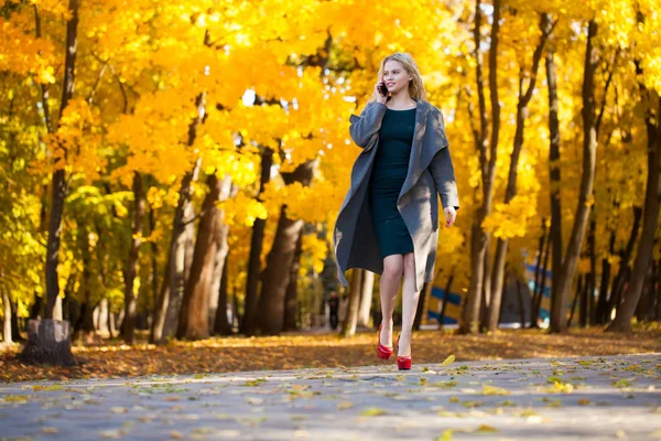 Volání Telefonu Mladá Krásná Blondýnka Šedém Kabátě Chůzi Podzimním Parku — Stock fotografie