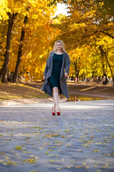 Giovane Bella Bionda Donna Sexy Cappotto Grigio Piedi Sul Parco — Foto Stock