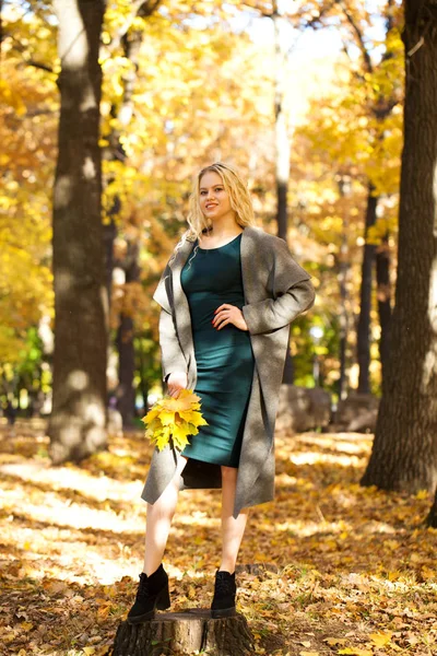 通り秋の背景に灰色のコートを着た若い美しいブロンドの女性の肖像画 — ストック写真