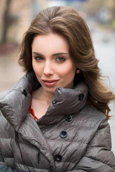 Closeup Portrait Young Beautiful Brunette Woman Winter Jacket Background Cloudy — Stock Photo, Image