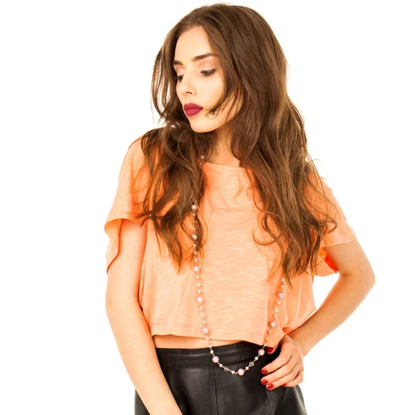 Young Brunette Woman Black Leather Skirt Orange Blouse Isolated White — Stock Photo, Image