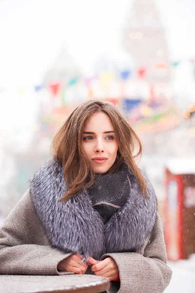 Retrato Una Joven Morena Abrigo Gris Con Collar Piel Una — Foto de Stock