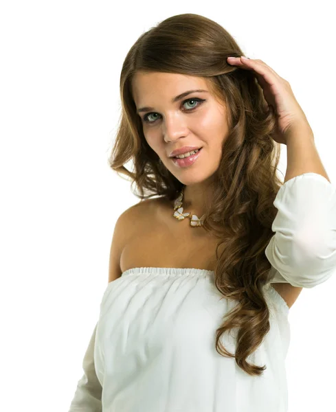 Портрет Молодої Красивої Дівчини Блузці Відкритими Плечима Ізольовані Білому Тлі — стокове фото