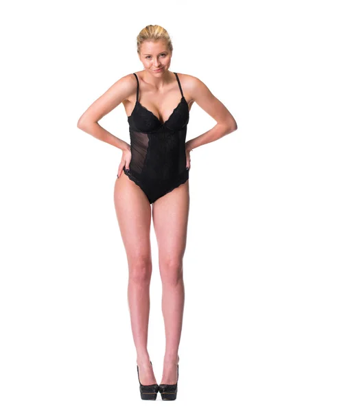 Jonge Mooie Blonde Vrouw Zwarte Bikini Geïsoleerd Witte Achtergrond — Stockfoto