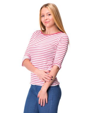 Beyaz arka plan üzerinde izole genç güzel mutlu sarışın kadın, portre kapat