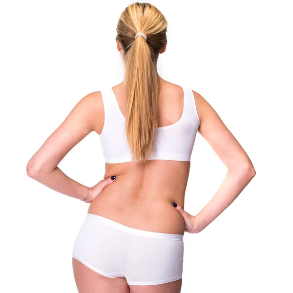 Blonde Woman Wearing White Sporty Lingerie Back View Isolated White — Stock Photo, Image