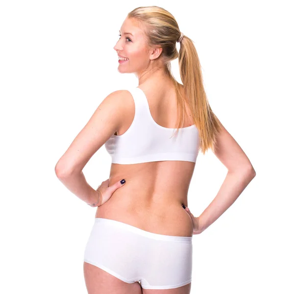 Blonde Vrouw Draagt Witte Sportieve Lingerie Achteraanzicht Geïsoleerd Witte Achtergrond — Stockfoto