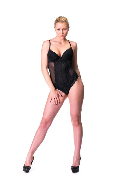 Joven Hermosa Mujer Rubia Bikini Negro Aislado Sobre Fondo Blanco —  Fotos de Stock