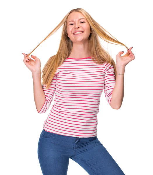 Portret Bliska Młody Piękny Szczęśliwy Blond Kobiety Izolowana Białym Tle — Zdjęcie stockowe