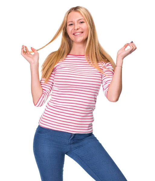 Retrato Close Jovem Bela Mulher Loira Feliz Isolado Fundo Branco — Fotografia de Stock