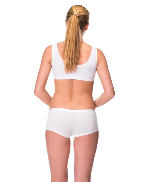 Blonde Vrouw Draagt Witte Sportieve Lingerie Achteraanzicht Geïsoleerd Witte Achtergrond — Stockfoto