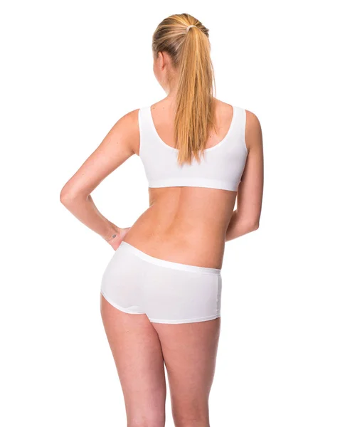 Blonde Vrouw Draagt Witte Sportieve Lingerie Achteraanzicht Geïsoleerd Witte Achtergrond — Stockfoto