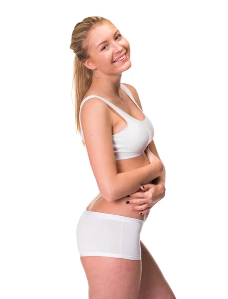 Porträt Einer Jungen Blonden Frau Sportbekleidung Ohne Make Sexy Schönes — Stockfoto