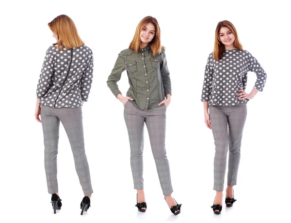 Fashion Collage Three Young Girls Young Beautiful Models Gray Trousers — Stock Photo, Image