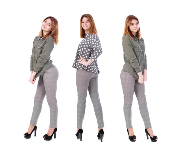 Collage Moda Tre Ragazze Giovani Bellissimi Modelli Pantaloni Grigi Camicia — Foto Stock