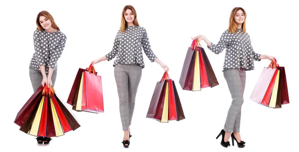 ショッピング コラージュ つ若いモデル いくつかのショッピング バッグは 白い背景で隔離の若い美しい女性 — ストック写真