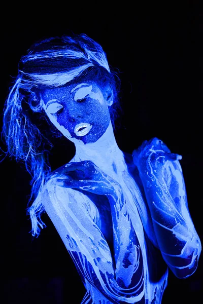 Portrait Young Girl Painted Ultraviolet Paint — Stock Photo, Image
