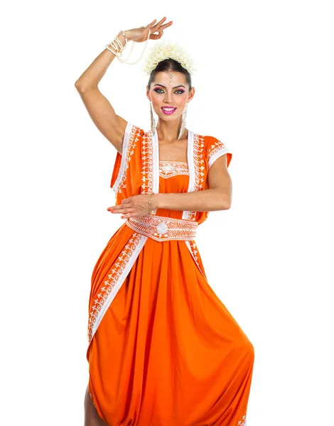 Caucasian Brunette Woman Orange Indian National Dress Sari Studio White — Stock Photo, Image