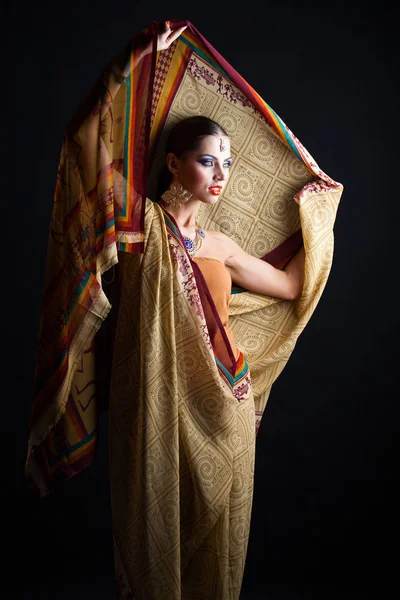 Mulher Morena Caucasiana Sari Vestido Nacional Indiano Marrom Fundo Estúdio — Fotografia de Stock