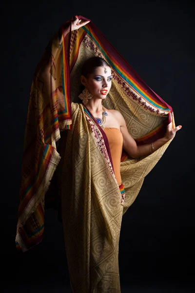 Kahverengi Hint Ulusal Elbise Sari Karanlık Studio Arka Planda Beyaz — Stok fotoğraf