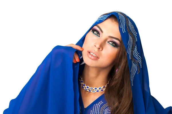 Jeune Femme Arabe Robe Longue Bleue Isolée Sur Fond Blanc — Photo