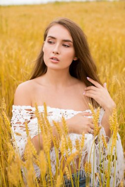 Altın buğday alan, yaz açık havada bir arka plan üzerinde genç seksi bir sarışın kadın portresi