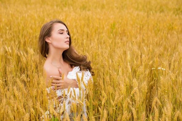 Portrait Young Sexy Blonde Woman Background Golden Wheat Field Summer — Stock Photo, Image