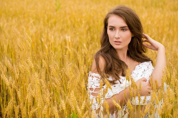 黄金の麦畑 夏の屋外の背景に若いセクシーなブロンドの女性の肖像画 — ストック写真
