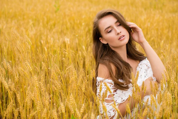 Retrato Uma Jovem Mulher Loira Sexy Fundo Campo Trigo Dourado — Fotografia de Stock