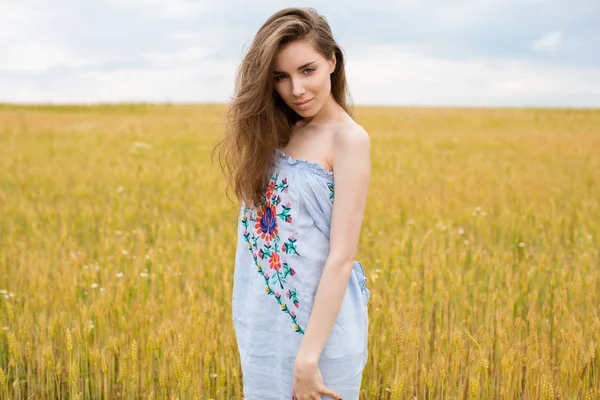 Portrait Young Sexy Blonde Woman Background Golden Wheat Field Summer — Stock Photo, Image