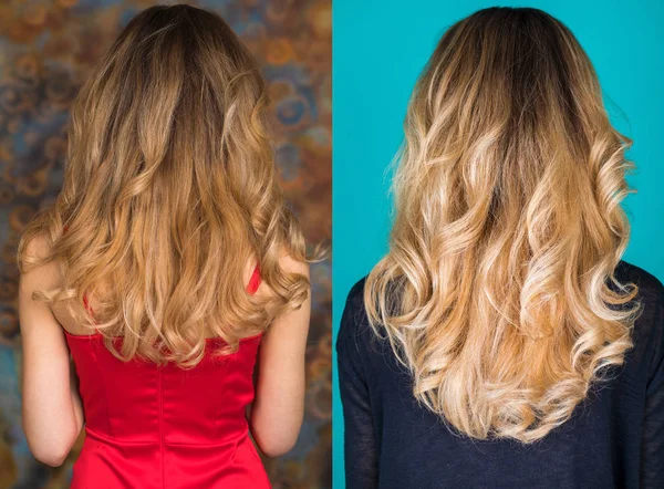 Collage Blonde Frisur Weiblich Lange Wellige Blonde Haare Rückansicht Studiowand — Stockfoto