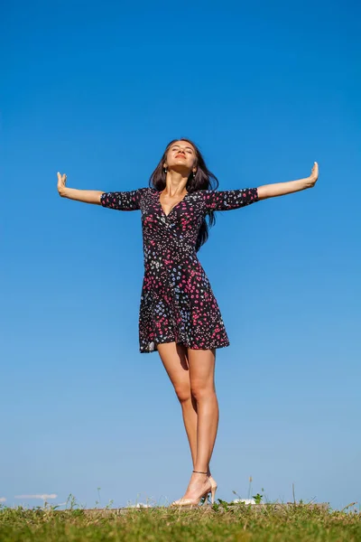 全身美しい夏の日 青い空を背景に夏の若いブルネットの女性のドレスします — ストック写真