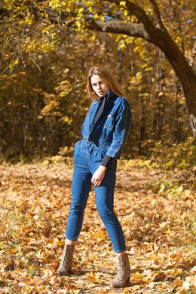 Tam Sonbahar Park Mavi Kot Tulum Şık Genç Sarışın Kadın — Stok fotoğraf