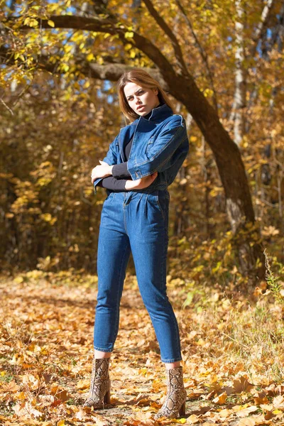 Full Portrait Stylish Young Blonde Woman Blue Denim Overalls Autumn — Stock Photo, Image