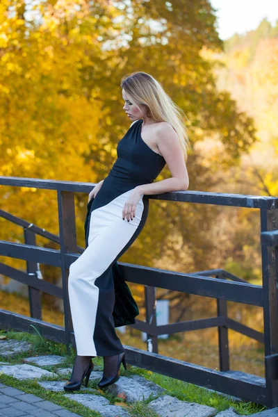 Cuerpo Completo Joven Hermosa Mujer Rubia Vestido Largo Negro Parque —  Fotos de Stock