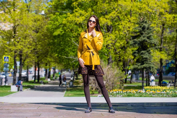 Young Beautiful Brunette Woman Golden Jacket Spring Outdoors Street — Stock Photo, Image