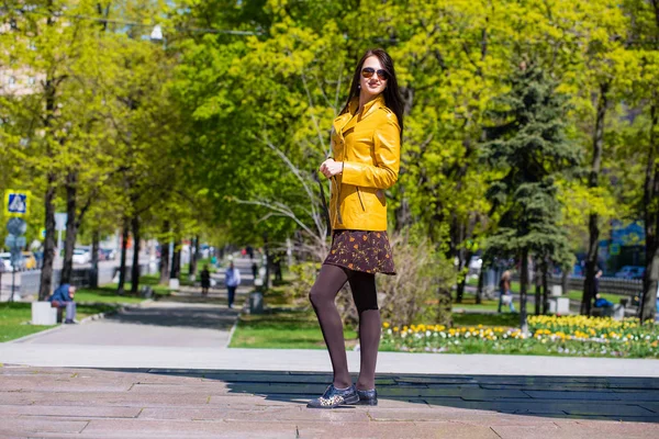 Young Beautiful Brunette Woman Golden Jacket Spring Outdoors Street — Stock Photo, Image