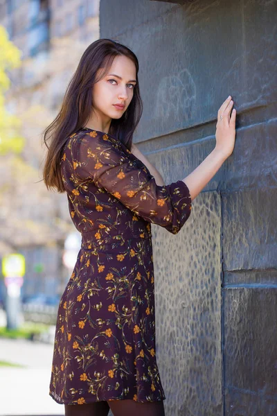 美丽年轻的黑发女人 性感的褐色连衣裙 墙上仍 夏季户外 — 图库照片