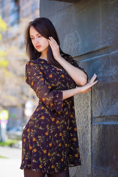 Schöne Junge Brünette Frau Sexy Braunem Kleid Gegen Stille Wand — Stockfoto