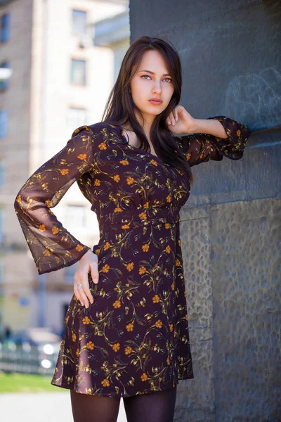 Hala Duvara Yaz Açık Havada Seksi Kahverengi Elbiseli Güzel Genç — Stok fotoğraf