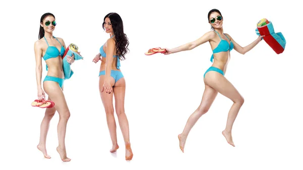 Collage Tre Sexiga Kvinnor Bikini Vackra Brunett Modeller Turkos Baddräkt — Stockfoto