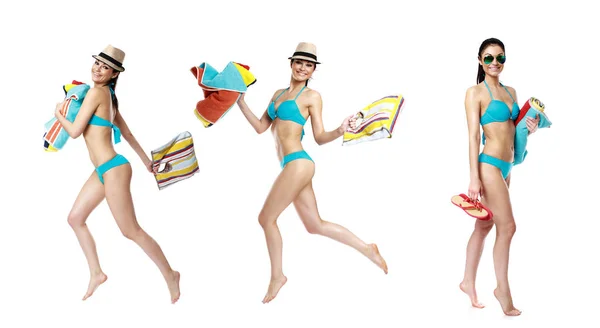 Collage Drei Sexy Frauen Bikini Schöne Brünette Modelle Türkisfarbenen Badeanzug — Stockfoto
