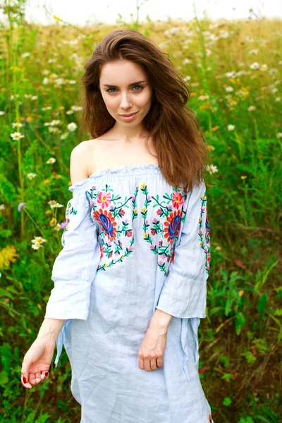 Portret Van Een Jonge Brunette Vrouw Een Achtergrond Kamille Veld — Stockfoto