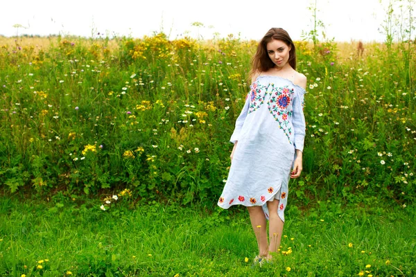 Genç Güzel Esmer Kadın Yaz Beyaz Elbise Yaz Yeşil Çim — Stok fotoğraf