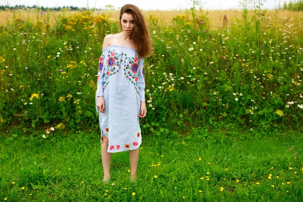 Młoda Piękna Kobieta Brunetka Lecie Biała Sukienka Lato Zielona Trawa — Zdjęcie stockowe