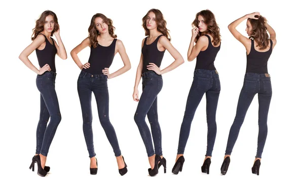 Collage Sexy Modelos Moda Retrato Completo Una Hermosa Mujer Jeans — Foto de Stock