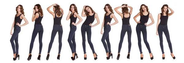 Collage Sexy Modelos Moda Retrato Completo Una Hermosa Mujer Jeans —  Fotos de Stock